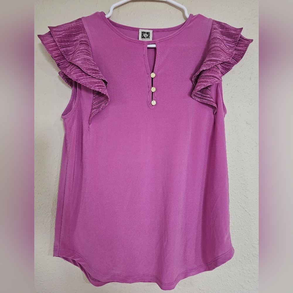 Anne Klein Purple‎ Ruffle Sleeve Shortsleeve Shirt